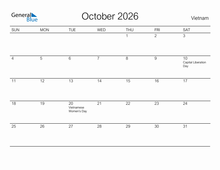 Printable October 2026 Calendar for Vietnam