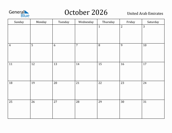 October 2026 Calendar United Arab Emirates