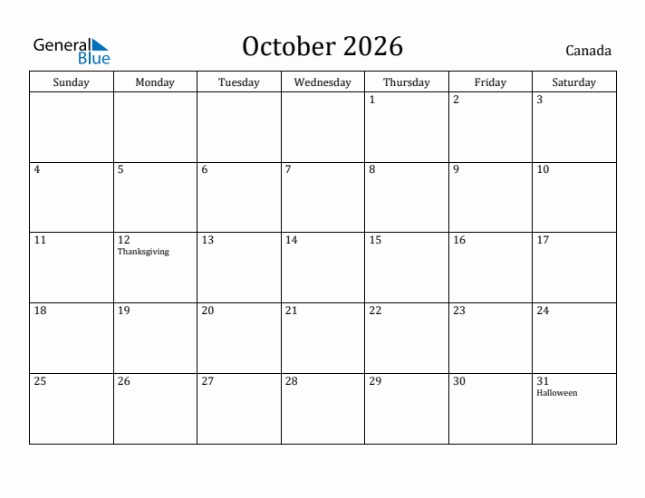 October 2026 Calendar Canada