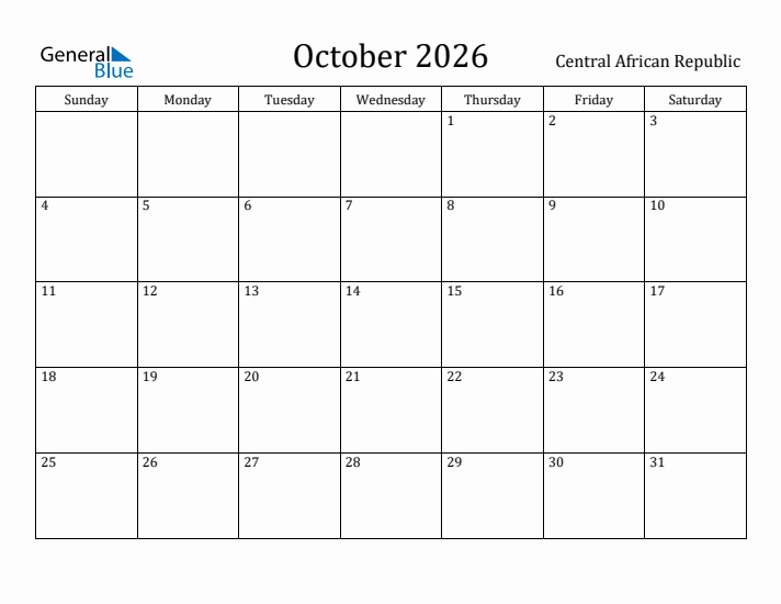 October 2026 Calendar Central African Republic