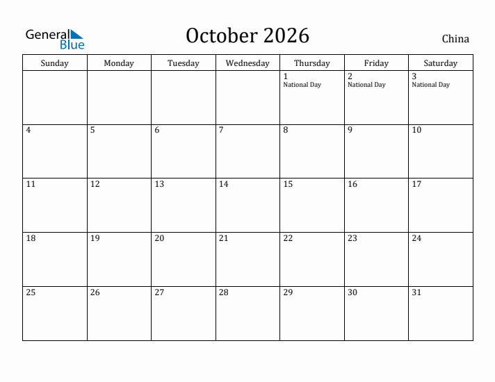 October 2026 Calendar China