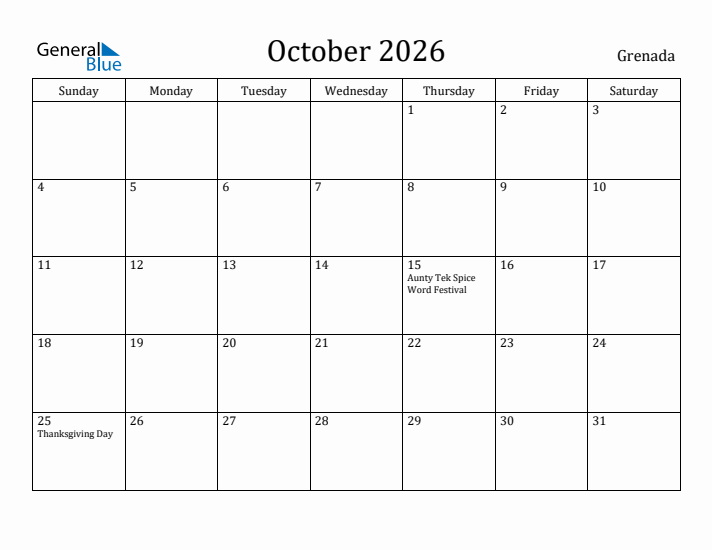 October 2026 Calendar Grenada