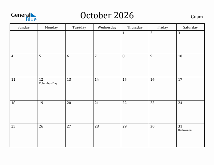 October 2026 Calendar Guam