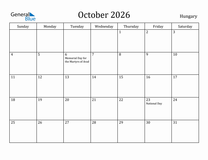 October 2026 Calendar Hungary