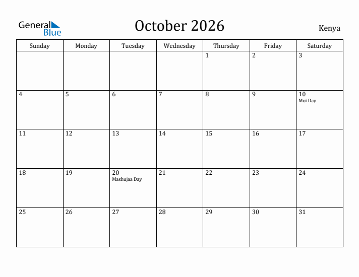 October 2026 Calendar Kenya