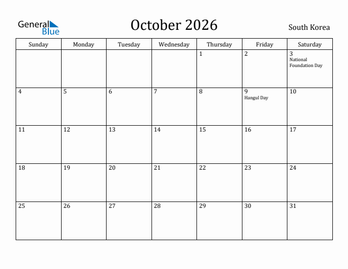 October 2026 Calendar South Korea