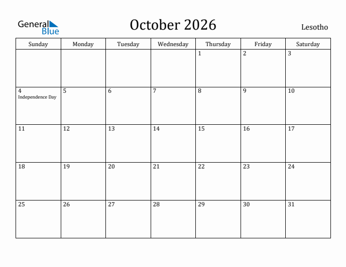 October 2026 Calendar Lesotho