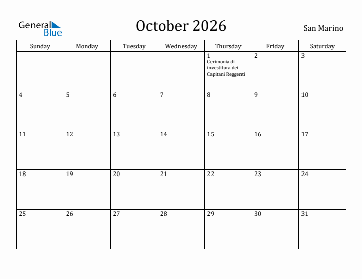 October 2026 Calendar San Marino