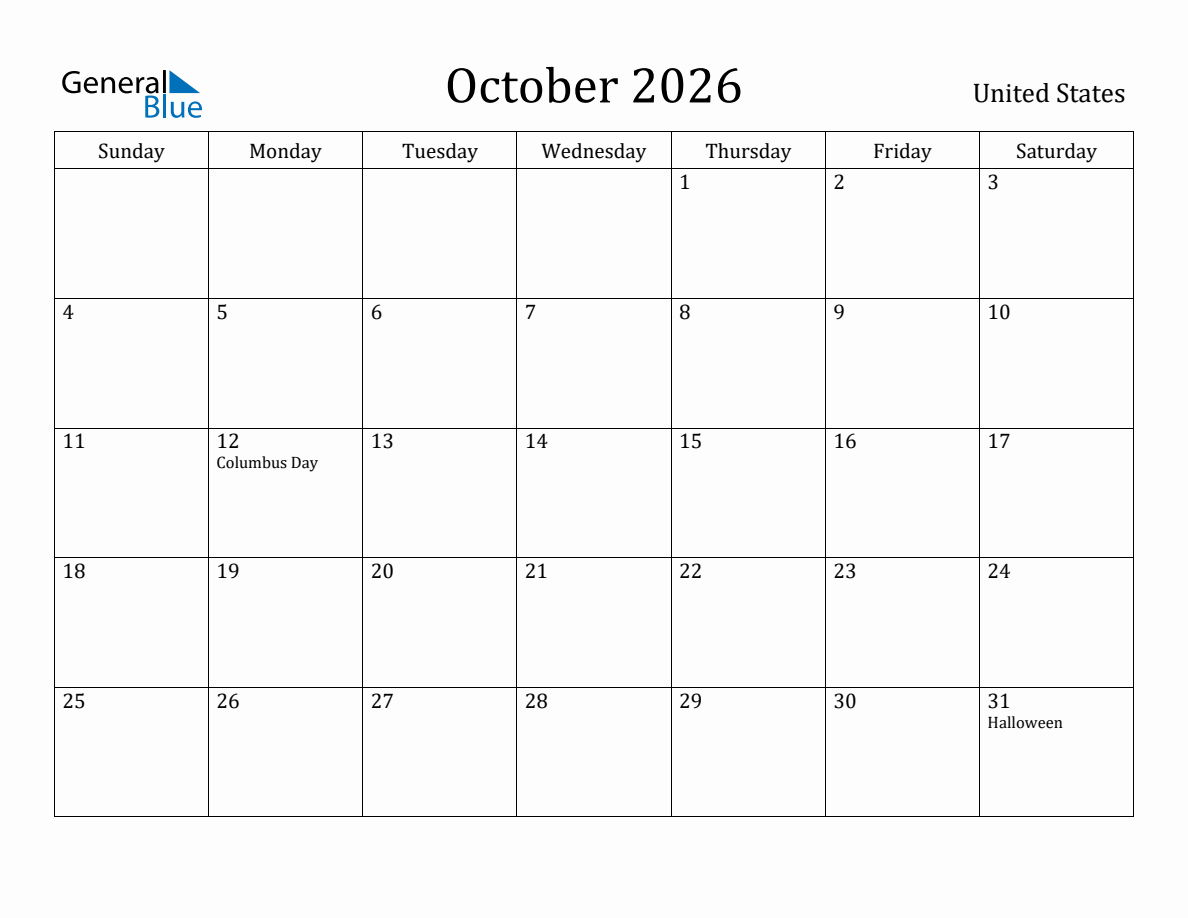 October 2026 Monthly Calendar with United States Holidays