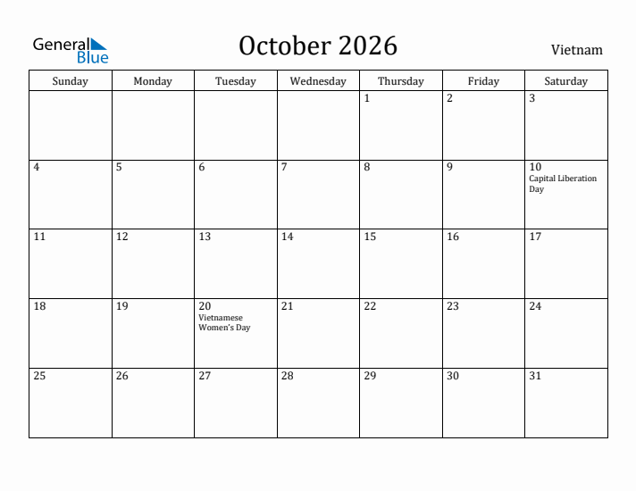 October 2026 Calendar Vietnam