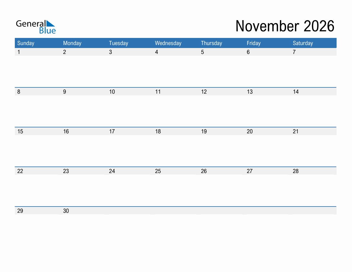 November 2026 Monthly Calendar (PDF, Word, Excel)