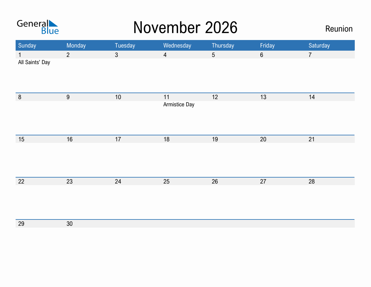 November 2026 Monthly Calendar with Reunion Holidays