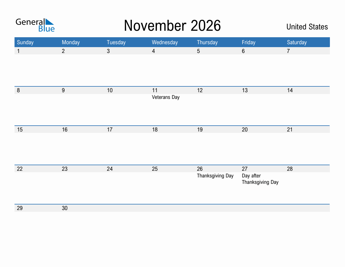 November 2026 Monthly Calendar with United States Holidays