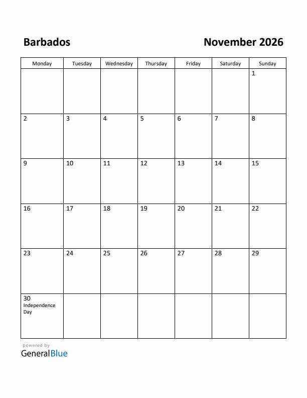 November 2026 Calendar with Barbados Holidays