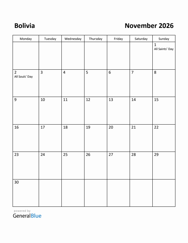 November 2026 Calendar with Bolivia Holidays