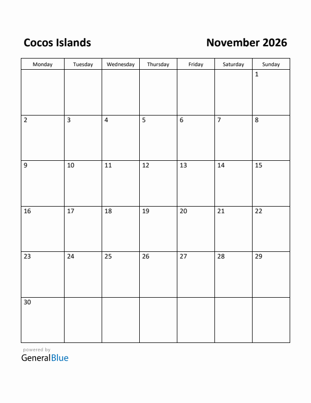 November 2026 Calendar with Cocos Islands Holidays