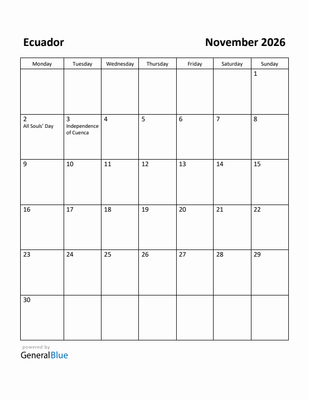 November 2026 Calendar with Ecuador Holidays