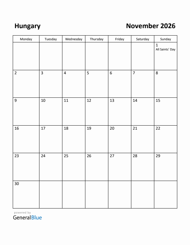 November 2026 Calendar with Hungary Holidays