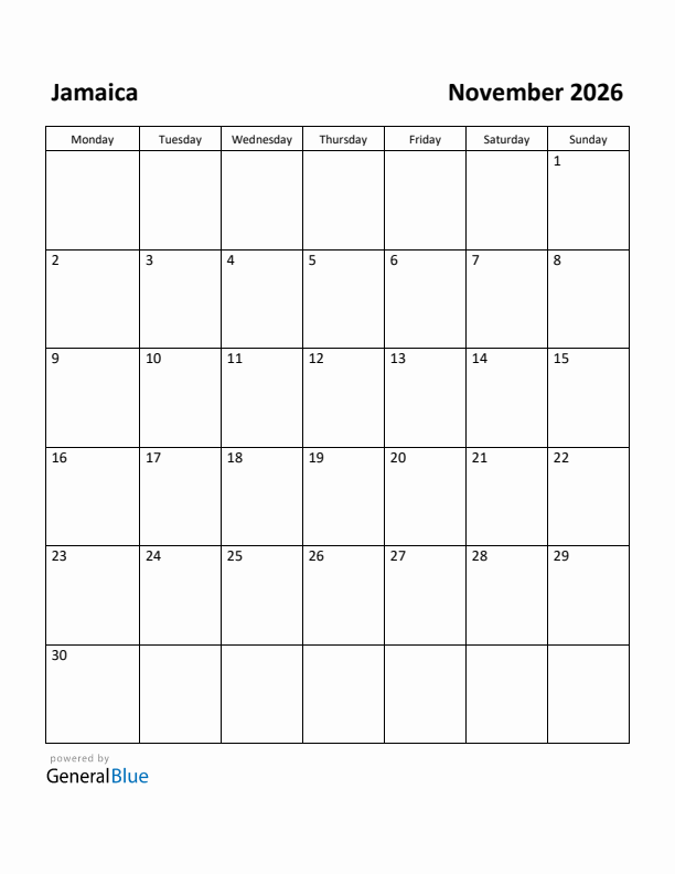 November 2026 Calendar with Jamaica Holidays