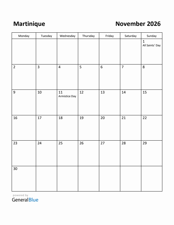 November 2026 Calendar with Martinique Holidays