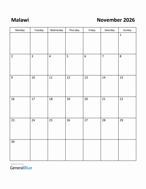 November 2026 Calendar with Malawi Holidays