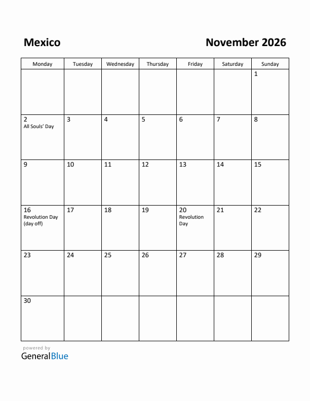 November 2026 Calendar with Mexico Holidays