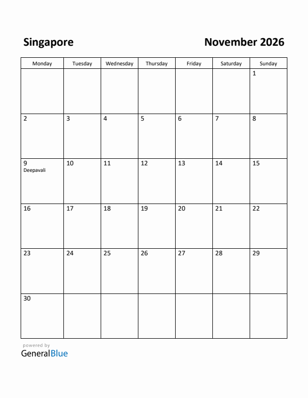 November 2026 Calendar with Singapore Holidays