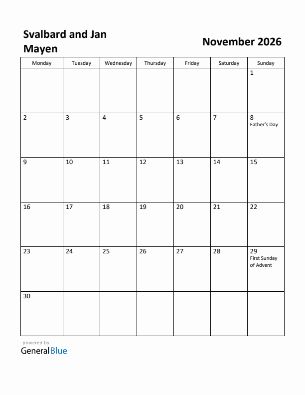 November 2026 Calendar with Svalbard and Jan Mayen Holidays