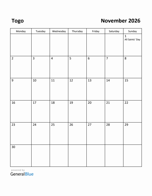 November 2026 Calendar with Togo Holidays