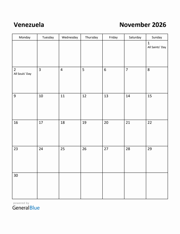 November 2026 Calendar with Venezuela Holidays