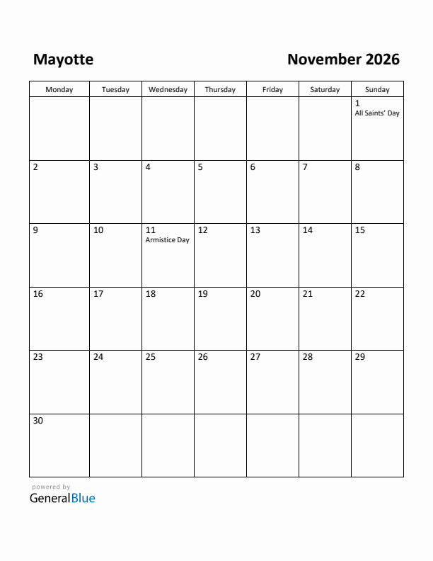 November 2026 Calendar with Mayotte Holidays