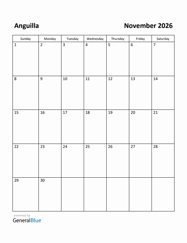 November 2026 Calendar with Anguilla Holidays