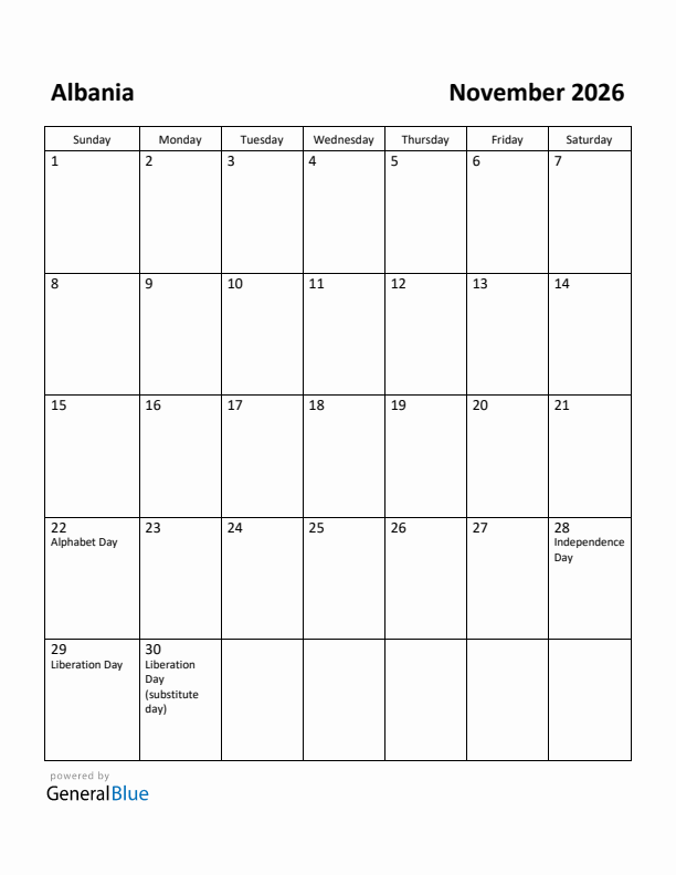 November 2026 Calendar with Albania Holidays