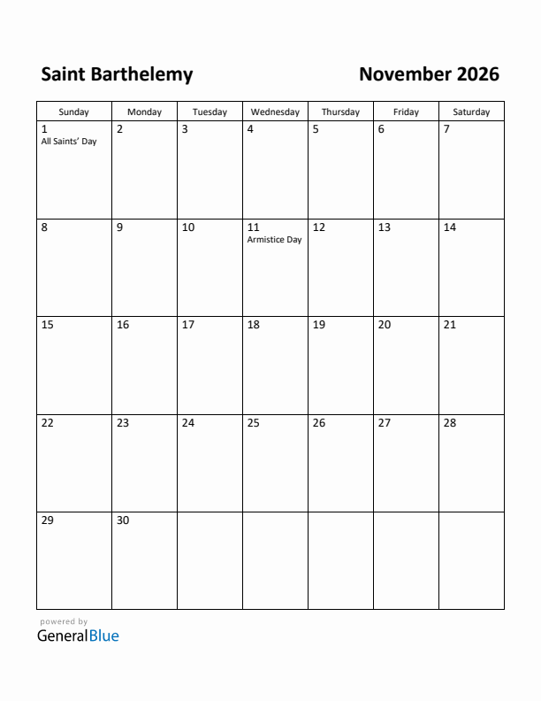 November 2026 Calendar with Saint Barthelemy Holidays