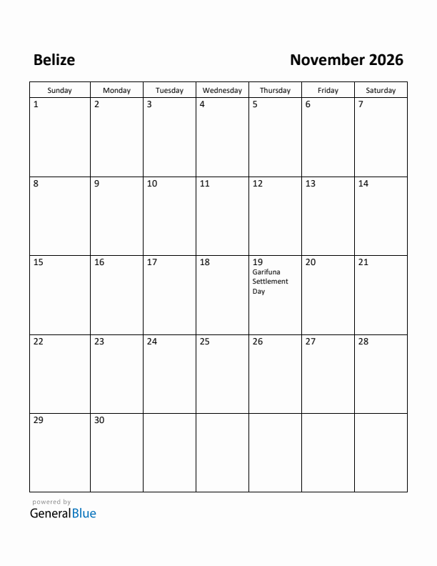 November 2026 Calendar with Belize Holidays