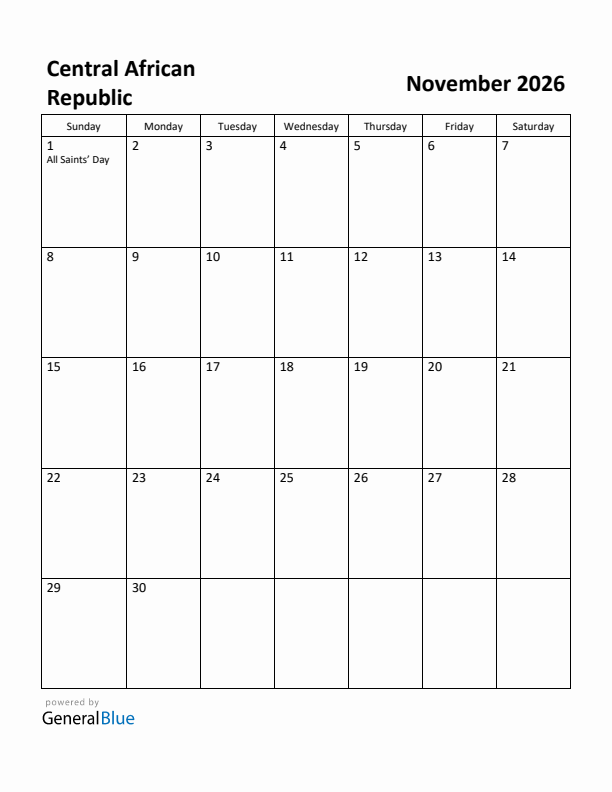 November 2026 Calendar with Central African Republic Holidays