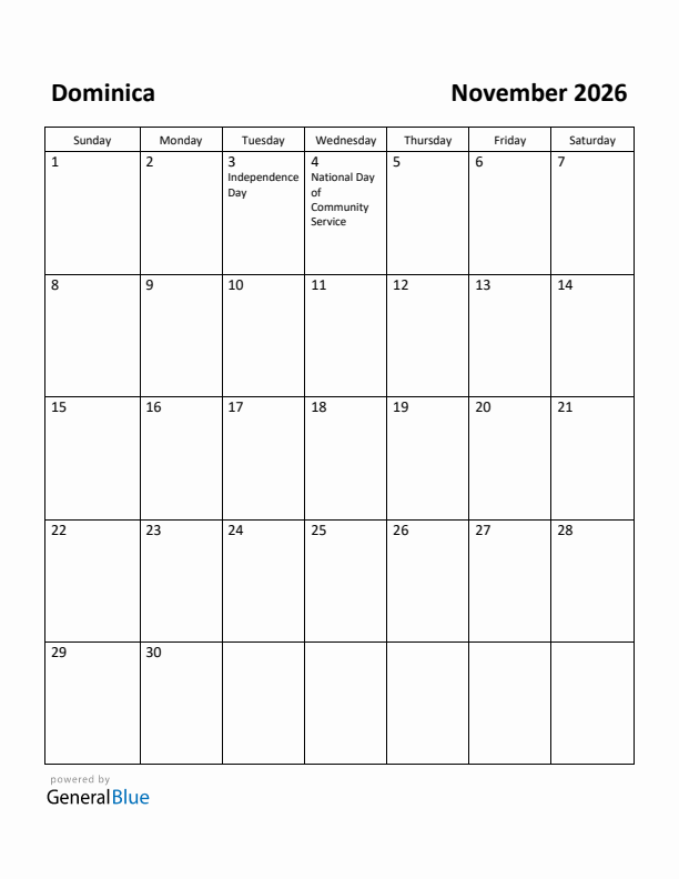 November 2026 Calendar with Dominica Holidays