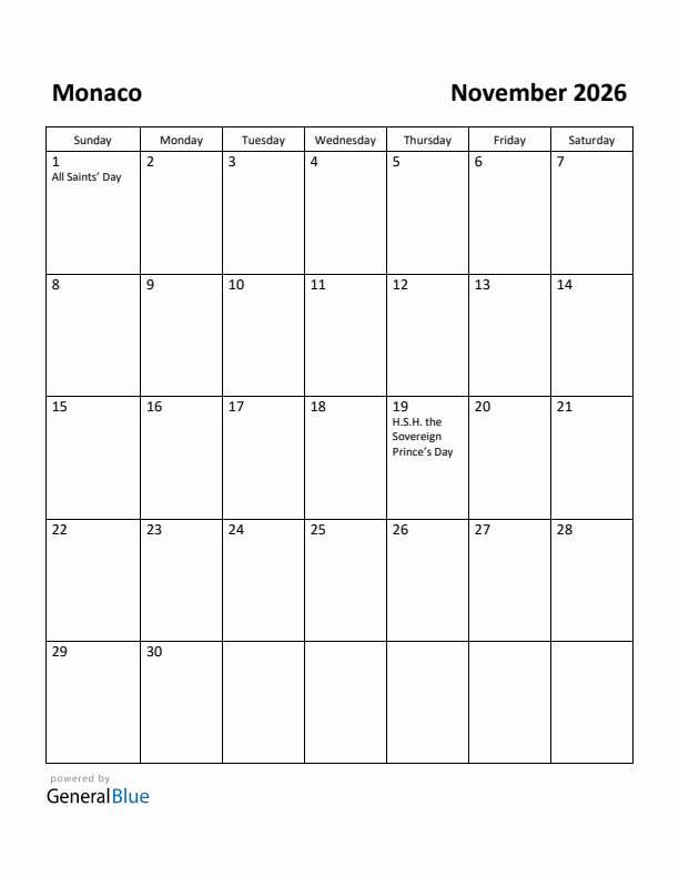 November 2026 Calendar with Monaco Holidays