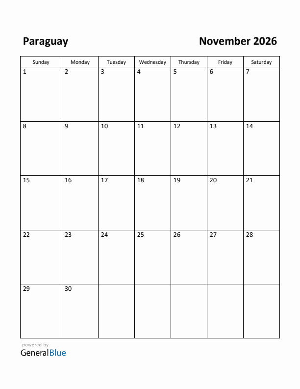 November 2026 Calendar with Paraguay Holidays