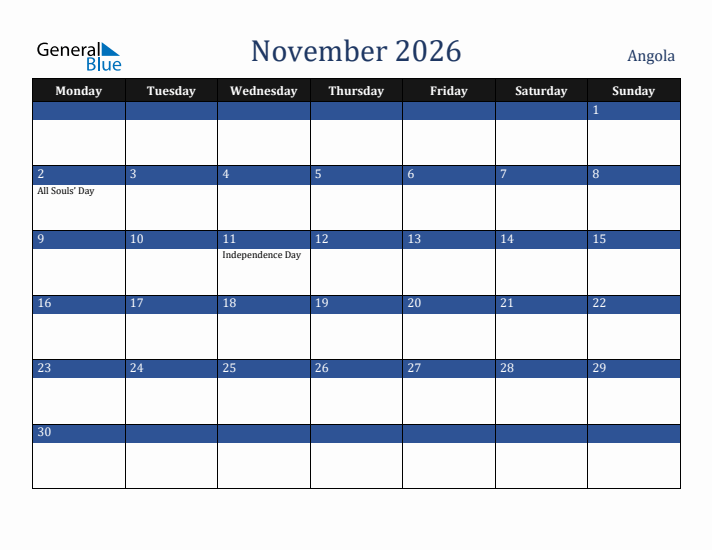 November 2026 Angola Calendar (Monday Start)
