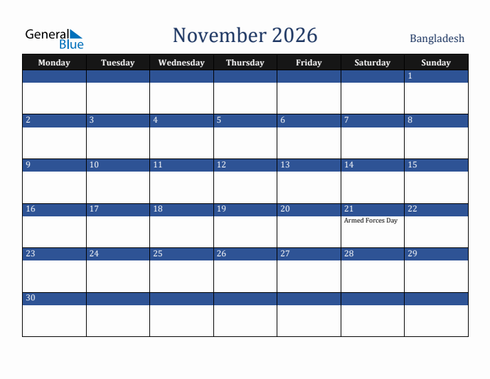 November 2026 Bangladesh Calendar (Monday Start)