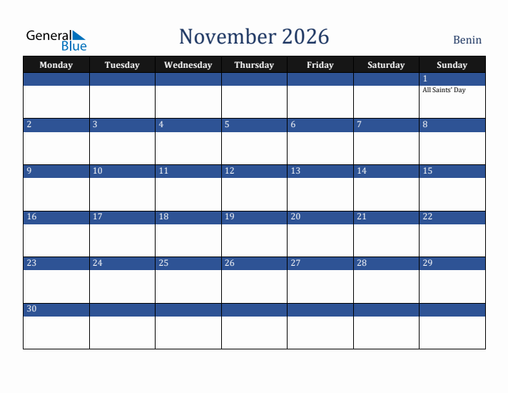 November 2026 Benin Calendar (Monday Start)