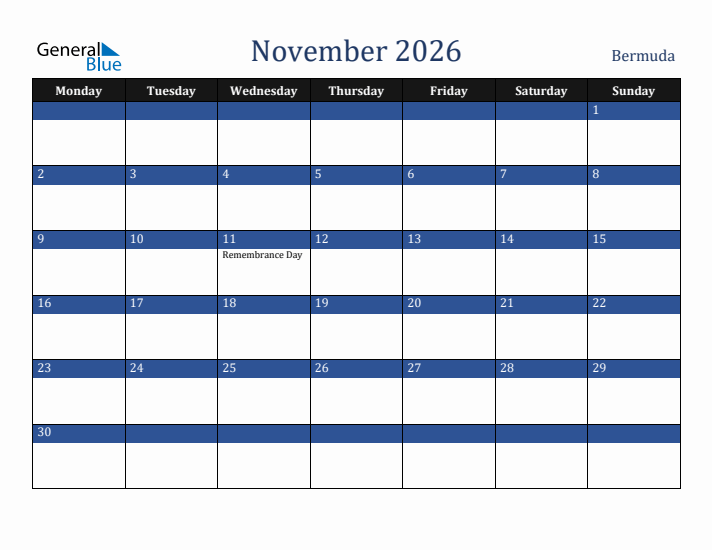 November 2026 Bermuda Calendar (Monday Start)