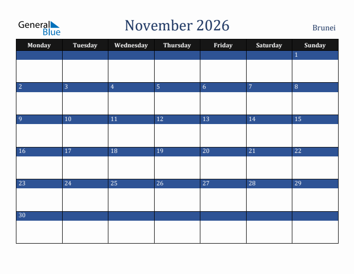 November 2026 Brunei Calendar (Monday Start)