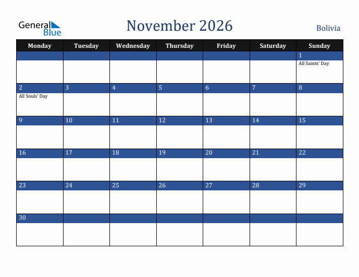November 2026 Bolivia Calendar (Monday Start)