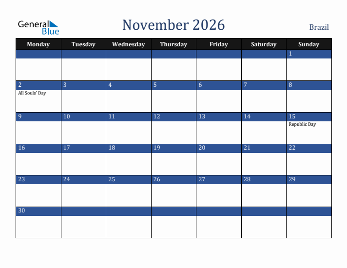 November 2026 Brazil Calendar (Monday Start)