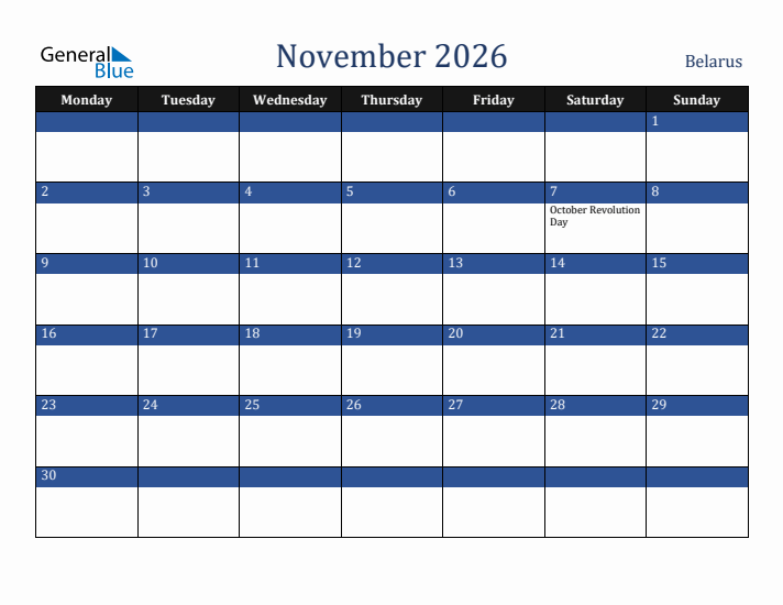 November 2026 Belarus Calendar (Monday Start)