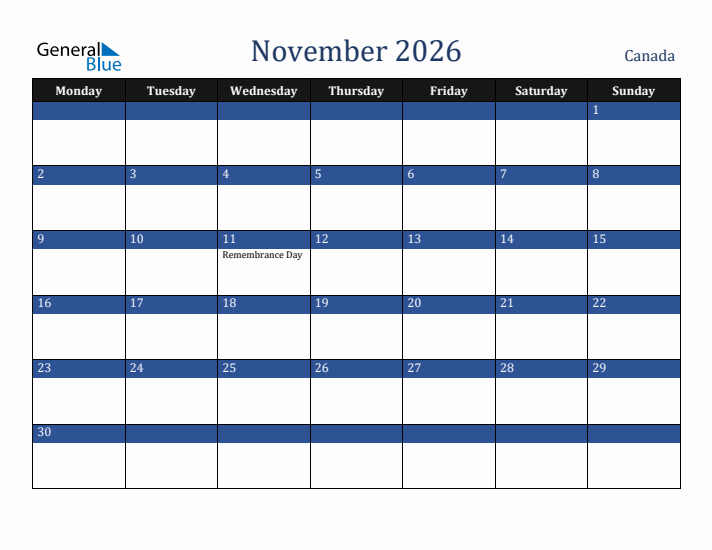 November 2026 Canada Calendar (Monday Start)