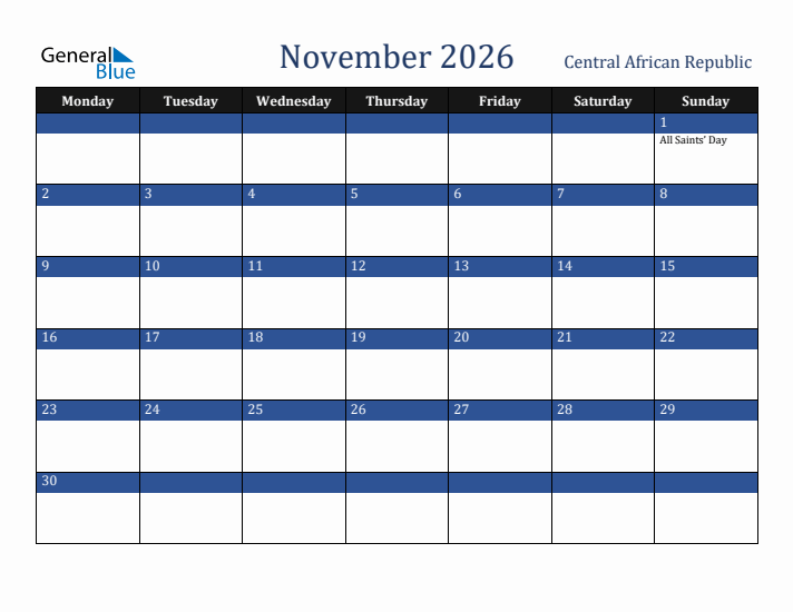 November 2026 Central African Republic Calendar (Monday Start)