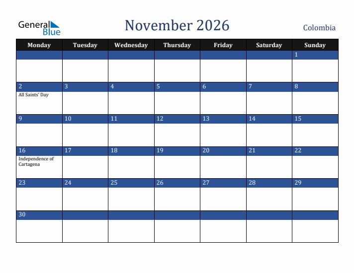 November 2026 Colombia Calendar (Monday Start)